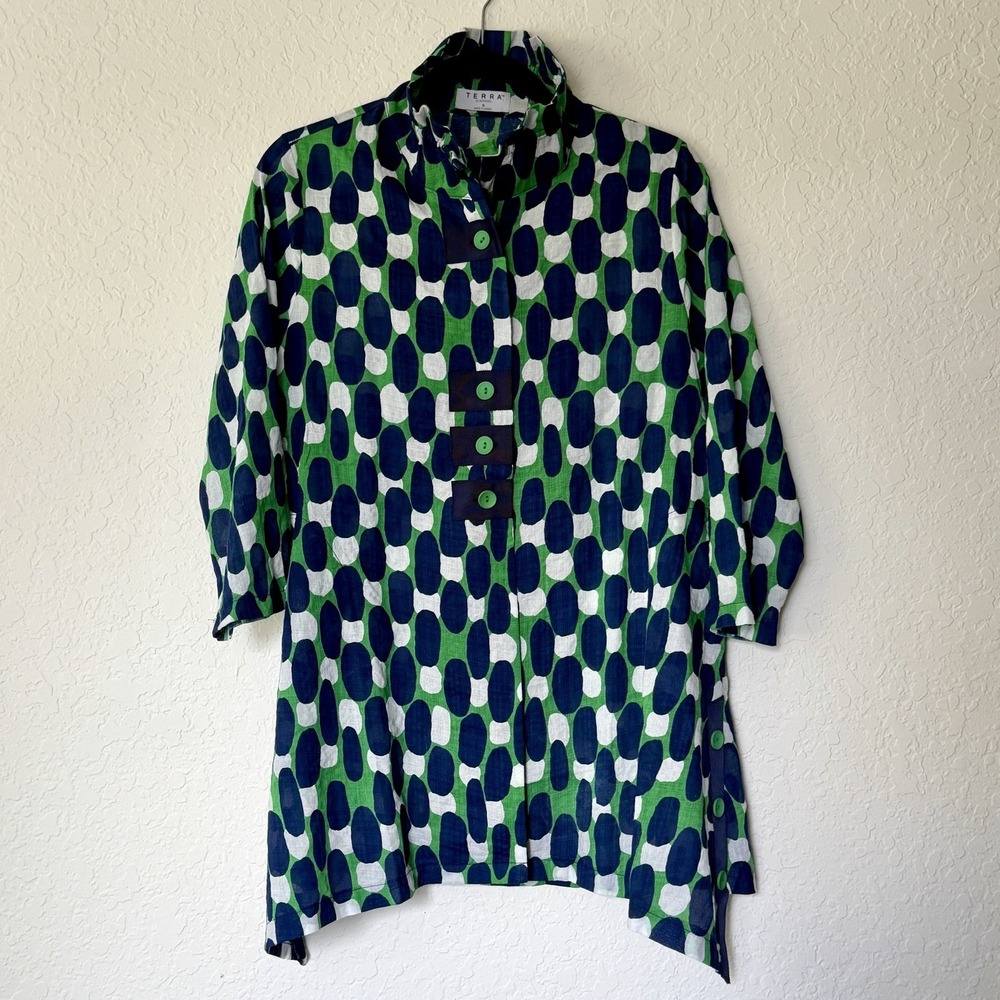 TERRA SJ Apparel Lightweight Tunic Top Small Blue Green Lagenlook Button Up Art
